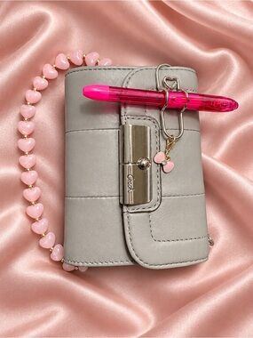Coach Gray Wallet with Pink Heart Charm and Pink Beaded Strap